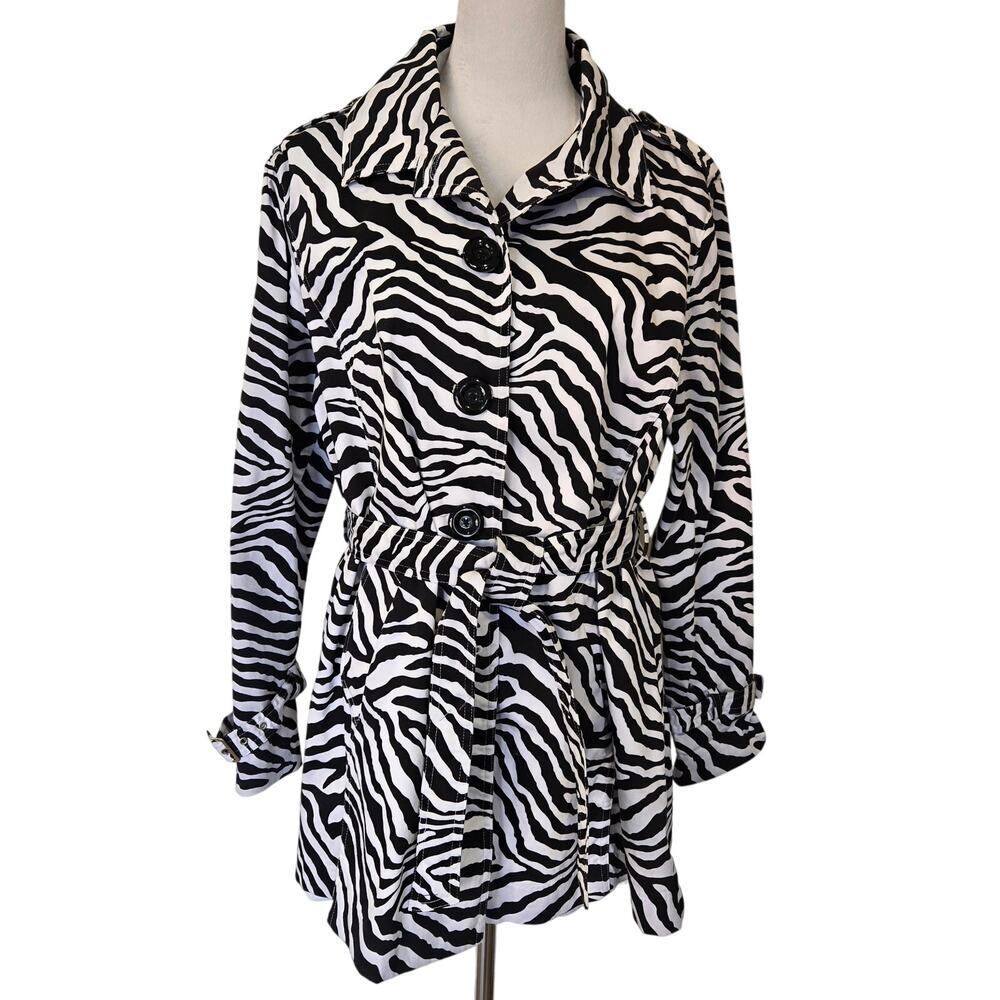 Shana K Black & White Zebra Print Trench Coat Rain Coat Short Sz XL